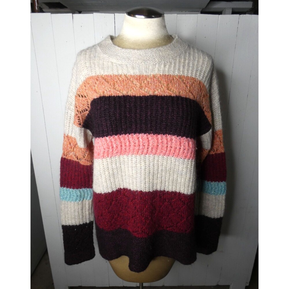 Odd Molly Women 3/L Merino Wool Mohair Blend Sweater Pullover Stripe Pink Maroon